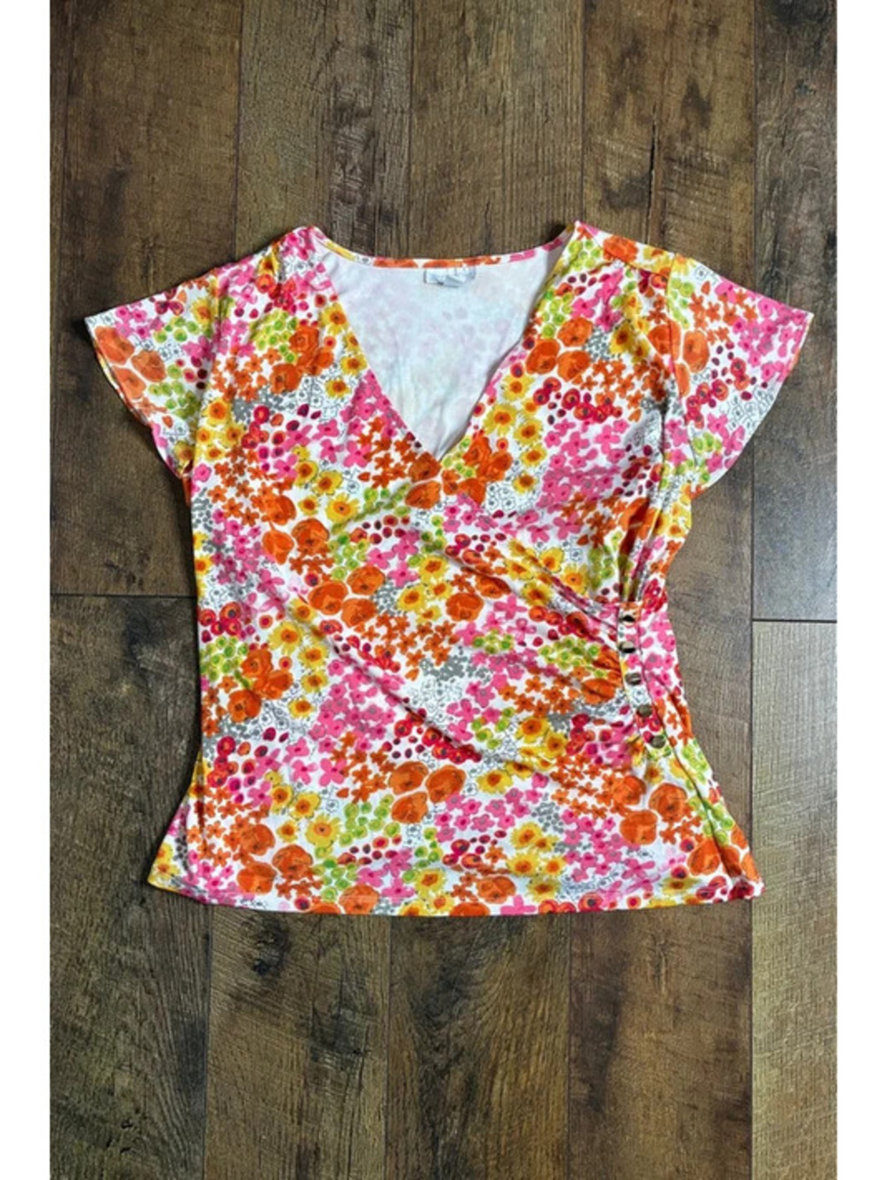 NWT Charter Club Womens XL Top Multicolored Floral Print V Neck Short Sleeve Y2K